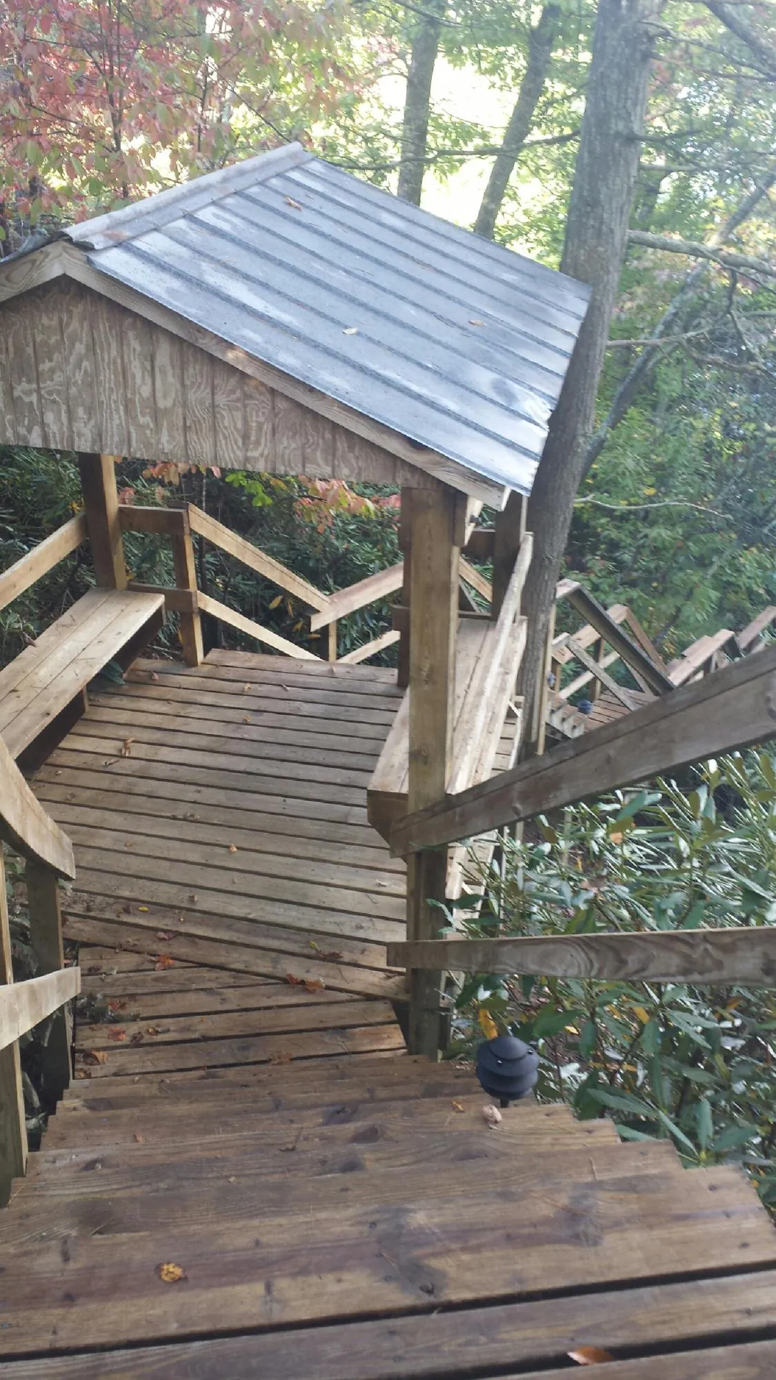 Metal roofed shelter over wooden steps on a wooded walkway — Skylight Repair & Installation work by our crew in Sylvester